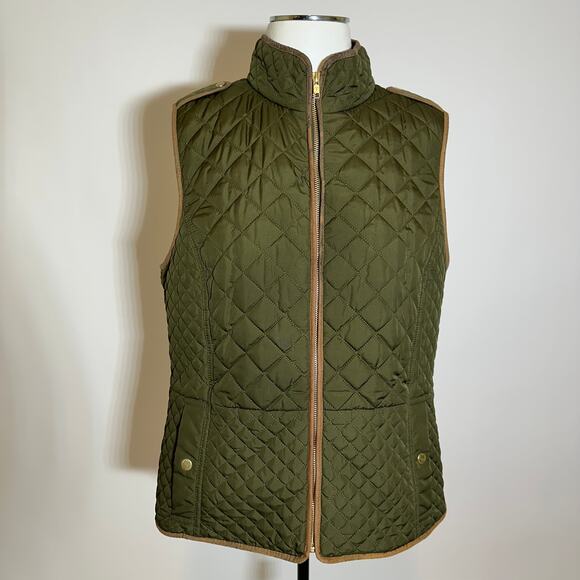 Talbots Olive Green Quilted Puffer Vest Faux Leather Trim Womens Size Large L - Picture 1 of 12